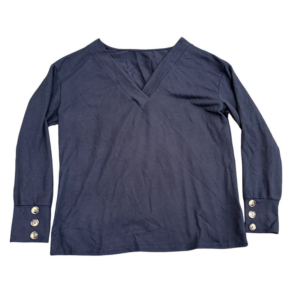 Womens' V-Neck Sweater with Accent Buttons in Blue, Size L​​